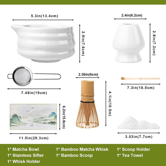 Matcha Whisk Set with Storage Box – 8 Pcs Matcha Tea Set Includes White Matcha Bowl, Whisk & Holder, Scoop & Rest, Sifter, Tea Cloth – Complete Japanese Matcha Set for Tea Lovers & Gift Giving