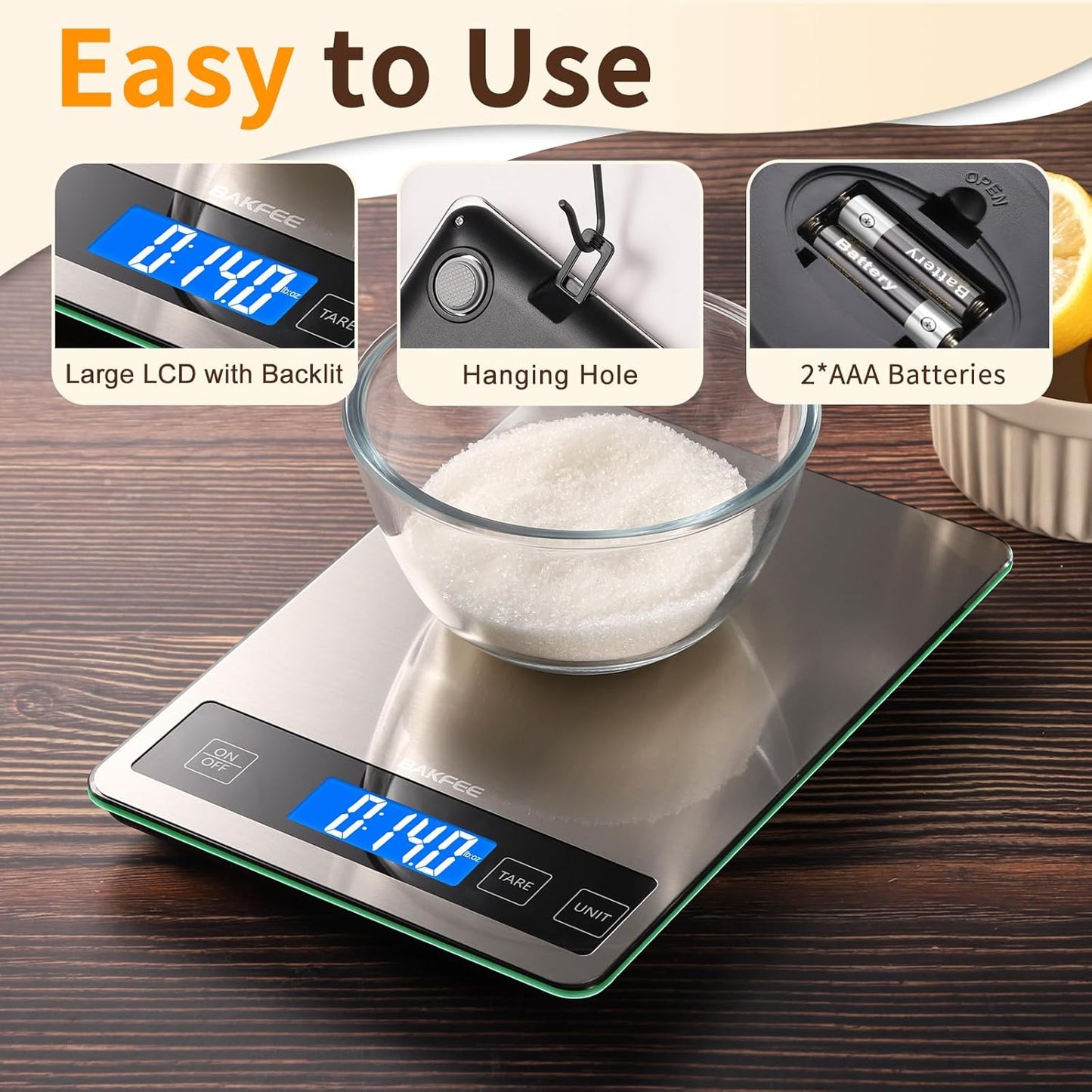 Food Scale, 33lb Digital Kitchen Scale with Stainless Steel & Tempered Glass, 1g / 0.05oz Precise Graduation, Waterproof and Sturdy Surface, for Cooking, Baking, Weight Loss, Meal Prep