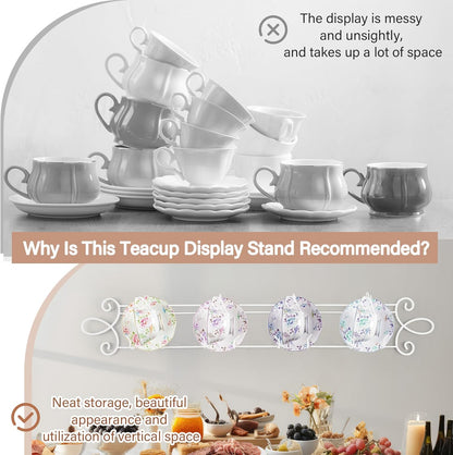 Blulu 2 Pcs 4-Tier Tea Cup & Saucer Display Stand - Horizontal Wall Mounted Organizer, Farmhouse White Brackets for Coffee Mugs/China Plates, Decorative Wall Plate Hangers, 45'' x 5.5''