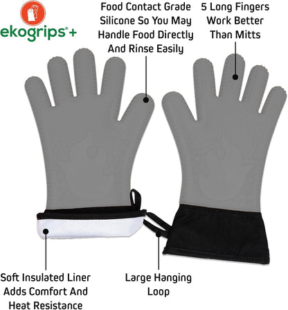 Ekogrips Plus Oven Gloves with Fingers, Comfy Waterproof Silicone Oven Mitts Heat Resistant with Long Cuff, Insulated BBQ Gloves Perfect for Grilling, Baking, Smoker, Canning, and Pizza, Grey, OSFM
