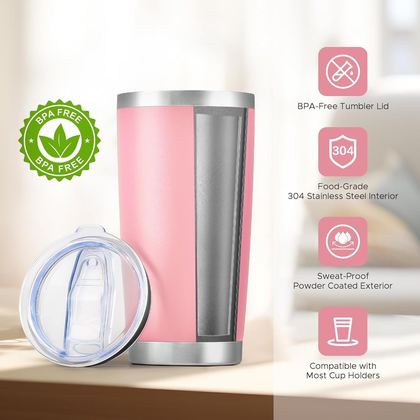 OMTech 20oz Tumblers Bulk, 12pc Stainless Steel Tumbler Set with Lid & Straw, Double Wall Vacuum Insulated Mug for Laser Engraver, Travel Coffee Mug for Hot & Cold Drinks, Pink Powder Coated Cup