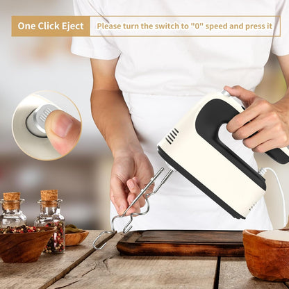 9-Speed Digital Hand Mixer Electric, 400W Powerful DC Motor, Baking Mixer Handheld with Snap-On Storage Case, 5 Stainless Steel Accessories, Flat Beaters, Dough Hooks, Whisk (Creamy&Black)