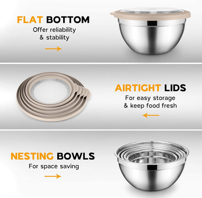 Mixing Bowl Set of 5 for Kitchen, Stainless Steel Metal Nesting Mixing Bowls with Khaki Lids – Size 1.5, 2, 2.6, 3.5, 4.6QT
