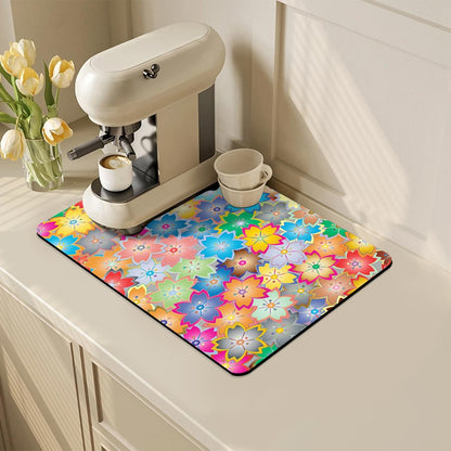 Coffee Mat for Kitchen Counter - Hide Stain Absorbent Dish Drying Mat, Rubber Coffee Bar Mats, Drying Pads, Accessories Fit Under Tea Pot, Cafe Maker, Espresso Machine, Dish Rack, 19"x12", Flowers