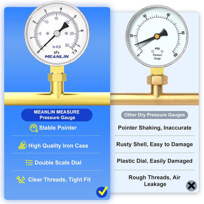 MEANLIN MEASURE 0-30 in H2O Diaphragm Type Capsule Low-Pressure Gauge, Water Column Gauge, 2.6" Dial, 1/4" NPT, Rear Adjustable Knob, with 1/2" NPT and 3/8" NPT Hex Bushing, Lower Mount