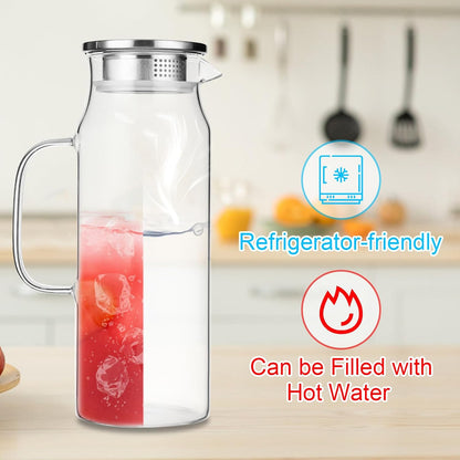 2 Pack 2L/68 oz Glass Pitcher with Lid and Handle,Square Water Pitchers for Fridge, Leak-Proof Spout,Large Ice Tea Jug for Hot/Cold Drinks, Ideal for Cold Brew, Juice, Iced Tea