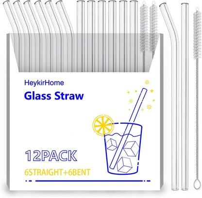 12-Pack Reusable Glass Straw,Size 8.5''x10 MM,Including 6 Straight and 6 Bent with 2 Cleaning Brush- Perfect For Smoothies, Tea, Juice