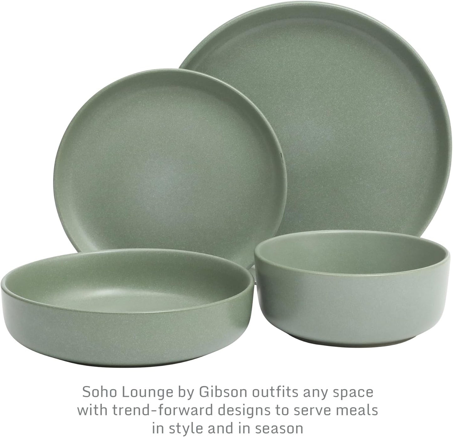 Gibson Elite Pasco 16 Piece (Service for 4) Plates and Bowls Double Bowl Reactive Glaze Dishes Stoneware Ceramic Dinnerware Set - Green