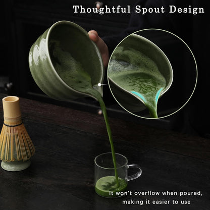 Matcha Whisk Set, Matcha Bowl with Spout, Matcha Whisk and Holder, Bamboo Matcha Scoop and Stainless Sifter - 5 Pcs Jade Green Matcha Kit for Matcha Lover