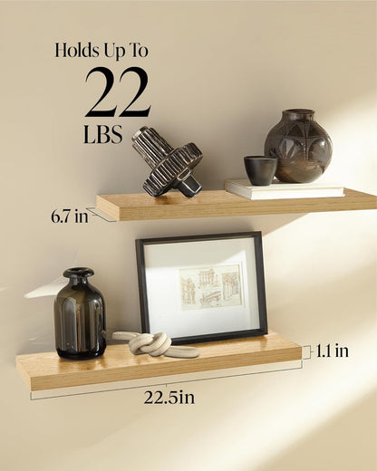 BAYKA Floating Shelves, 22.5" Rustic Wood Wall Mounted Shelves Bathroom, Bedroom, Living Room, Kitchen, Hanging Shelf for Books/Storage/Decor (Oak-Toned,Set of 2)