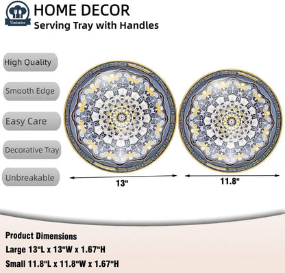 Round Decorative Trays Set of 2, Modern Plastic Serving Tray with Handles for Living Room, Coffee Table, Kitchen, Ottoman, Boho Blue, Large 13", Small 11.8"