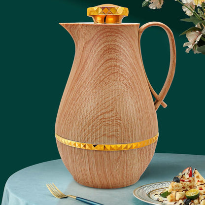 Insulated Thermal Coffee Carafe, 33 oz, Luxury Arabic-Style Insulated Carafe Flask, Coffee Tea Pot, with Spout and Glass Liner for Hot Cold Water, Housewarming Ornaments (Wood Color)