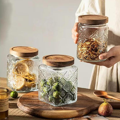 Snminetal Vintage Glass Airtight Storage Jar, With Airtight Wood Lid, Kitchen Food Storage Containers,for Kitchen Counter, Pantry, Tea, Sugar, Coffee Tea Beans,Flour,Food Storage Jar (Sunflower*2)