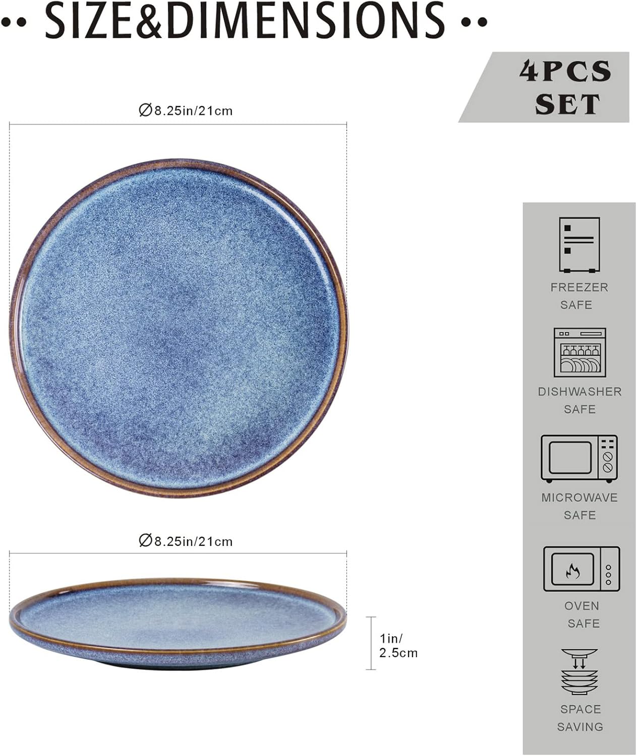 UNICASA Ceramic Dessert Plates - Dinner Salad Plates Set of 4, 8.25 Inch Round Serving Dishes Set for Pasta - Stoneware Dinnerware Set Kitchen, Dishwasher, Microwave & Oven Safe (Blue)