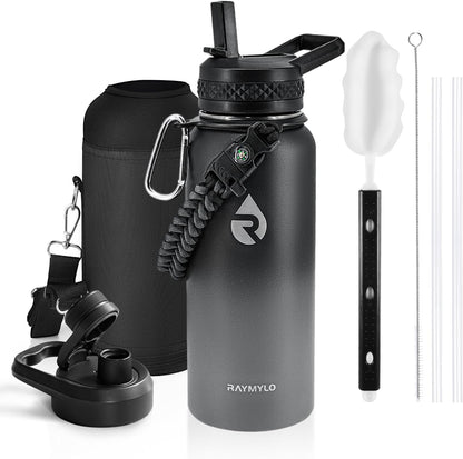 Insulated Water Bottle 32 oz, Triple Wall Vacuum Stainless Steel (Cold for 48 Hrs), Leak Proof & Non-BPA, Modern Water Flask Jug with Paracord Handle & Straw Spout Lids, Dark Grey