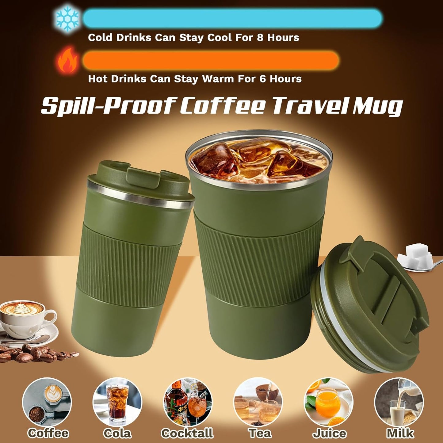 Vacuum-Insulated Stainless Steel Travel Coffee Mug, Leak-Proof Reusable Coffee Cup with Lid - Keep Hot & Cold Drinks for Hours, Durable Thermos Tumbler for Men & Women (3rd-Green, 17OZ)