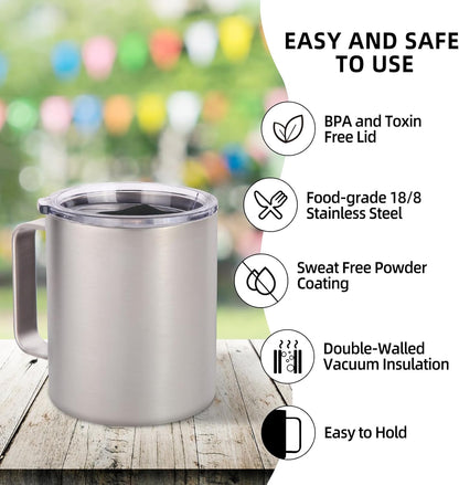 Volhoply 14oz Insulated Stainless Steel Coffee Mug with Lid Bulk 2 Pack,Double Wall Vacuum Travel Coffee Cup with Handle,Reusable Cups Tumbler,Camping Mugs Keep Hot&Cold,Ideal Gifts(MIX,2)