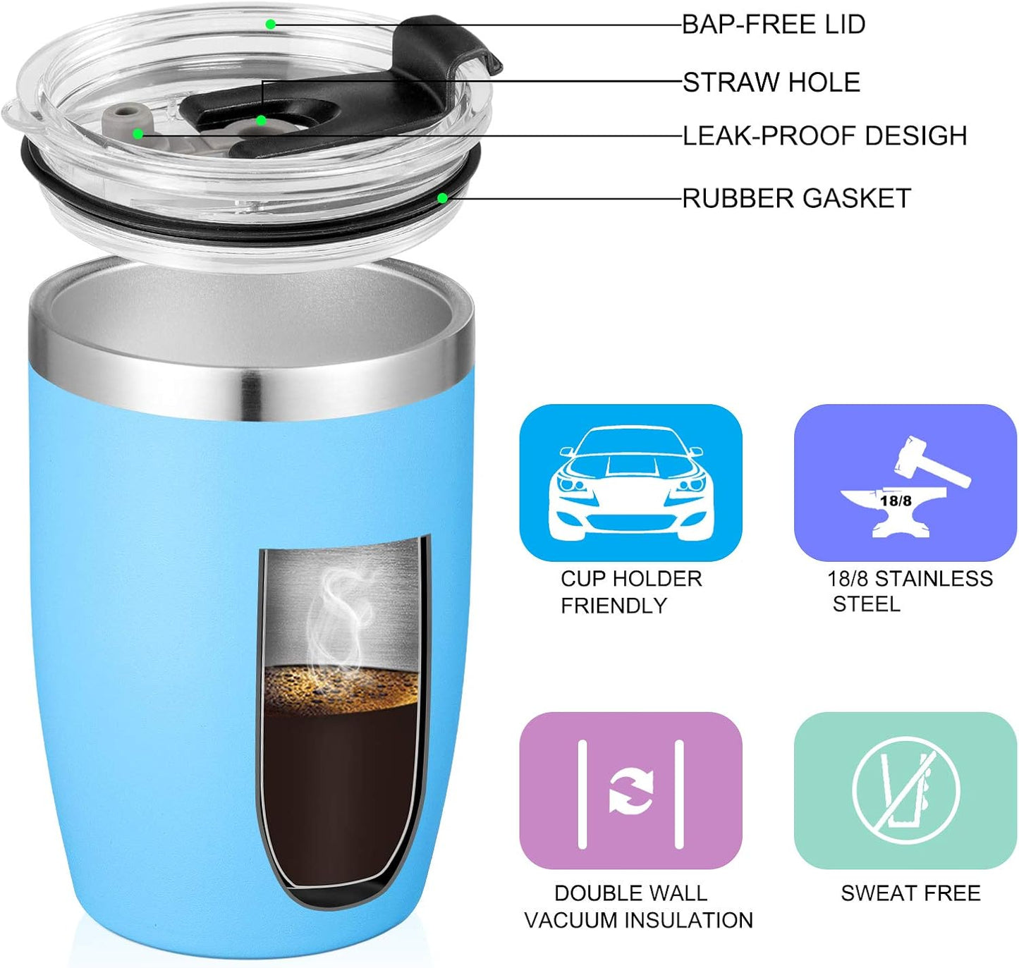 VEGOND Stainless Steel 12 oz Tumblers bulk Vacuum Insulated Double Wall Travel Tumbler with Lid and Straw Reusable Tumbler,Sky Blue 12 pack