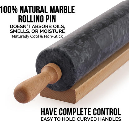 Zulay Kitchen 17-Inch Marble Rolling Pin With Stand - Polished Marble Rolling Pins For Baking - Long Rolling Pin Marble With Beechwood Handle - Non-stick Roller Pin For Baking Pastries, Bread & Pizza