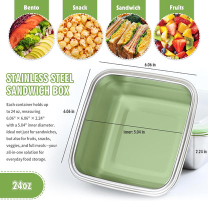 3 Pack Sandwich Containers, 24oz Stainless Steel Sandwich Box with Airtight Lids, Reusable Metal Meal Prep Lunch Boxes, BPA-Free, Dishwasher Safe, Food Storage Containers for Families (Black)