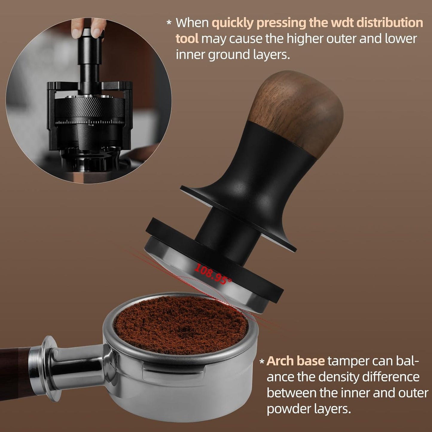 MHW-3BOMBER Espresso Tamper 58.5mm - 3 Spring Loaded Tamper - Barista Coffee Tamper with 15lb / 30lb Replacement Springs - Walnut Handle Calibrated Tamper -Arch Base T6521C-OS