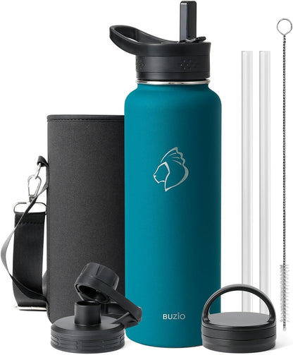 BUZIO 40 oz Water Bottle Insulated with Straw & 3 lid and Carrying Pouch, Leak Proof Anti-Slip Stainless Steel Water Flask Jug, Cold for 48 Hrs Double Vacuum Thermo Canteen, BPA-Free, Dark Blue