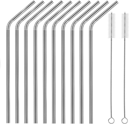 Set of 10 Stainless Steel Straws, HuaQi Bent Reusable Drinking Straws 10.5'' Long 0.24‘’ Dia for 30 oz Tumbler and 20 oz Tumbler, 2 Cleaning Brush Included (10 Bent Staw + 2 Brushes）