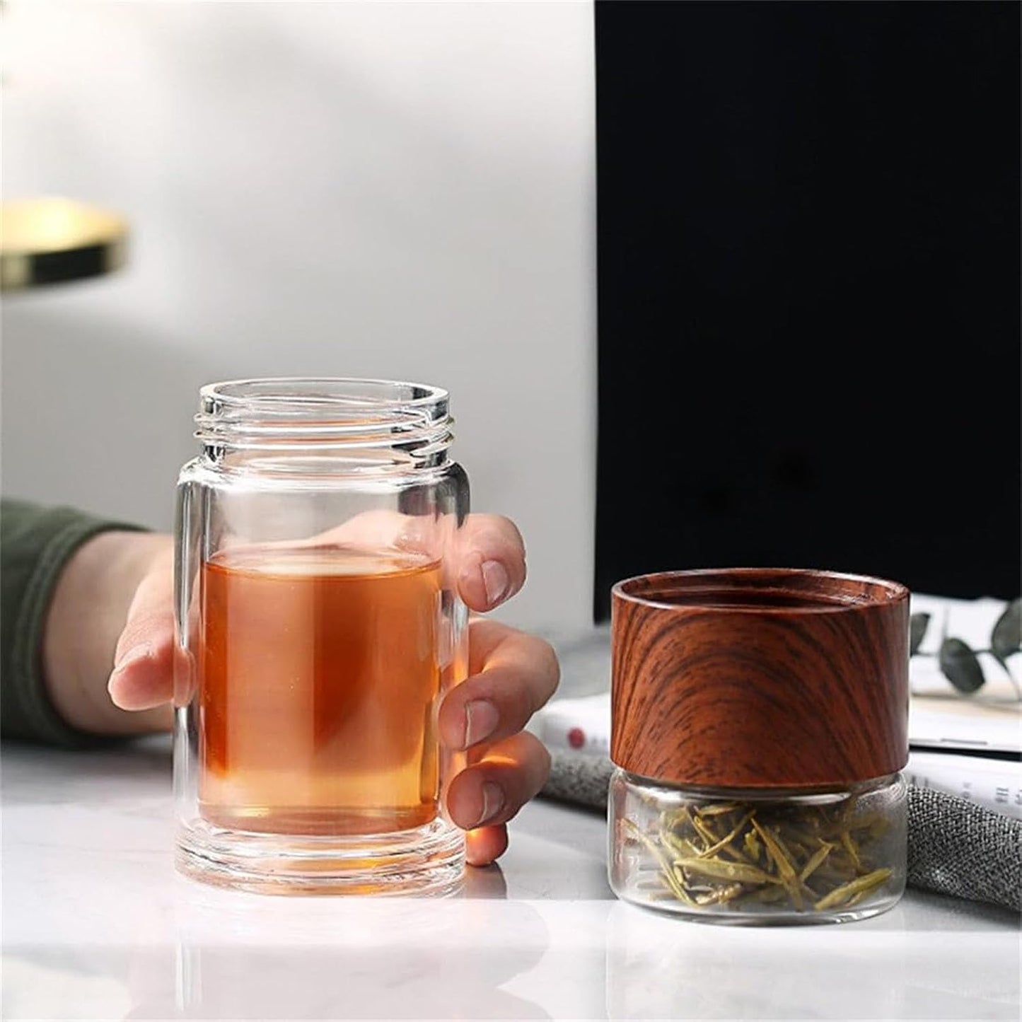 QUROXO 2025 New Tryteava Glass Infuser, Teava 3-In-1 Smart Tea Infuser with Cup Brush, Double-Layer Borosilicate Glass Tryteava Tea infusers Separation Cup (Black, 420ml (14oz))