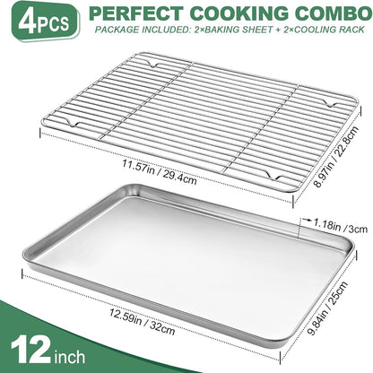 Stainless Steel Baking Sheets with Rack, HKJ Chef Cookie Sheets and Nonstick Cooling Rack & Baking Pans for Oven & Toaster Oven Tray Pans, Rectangle Size 12.5L x 10W x 1H inch & Non Toxic & Healthy