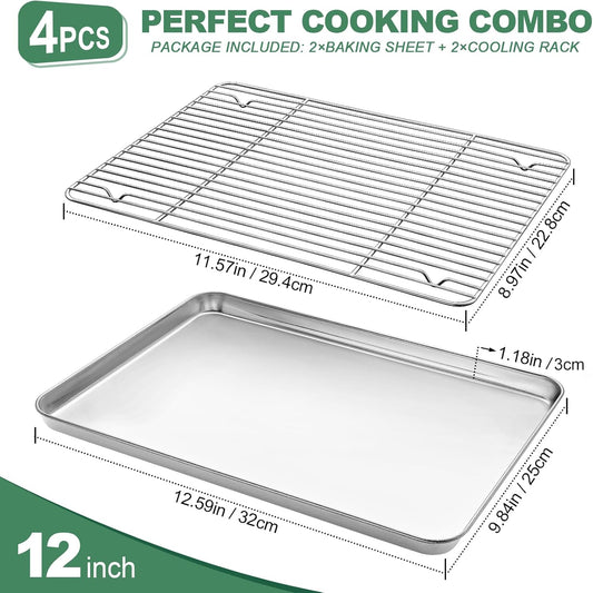 Stainless Steel Baking Sheets with Rack, HKJ Chef Cookie Sheets and Nonstick Cooling Rack & Baking Pans for Oven & Toaster Oven Tray Pans, Rectangle Size 12.5L x 10W x 1H inch & Non Toxic & Healthy