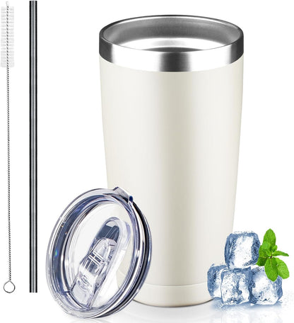 20 oz Tumbler with Lids and Straws, Stainless Steel Insulated Coffee Tumbler, Double Wall Vacuum Insulated Travel Mug Cup, Leakproof Thermal Coffee Cup for Hot and Cold Drinks (cream)