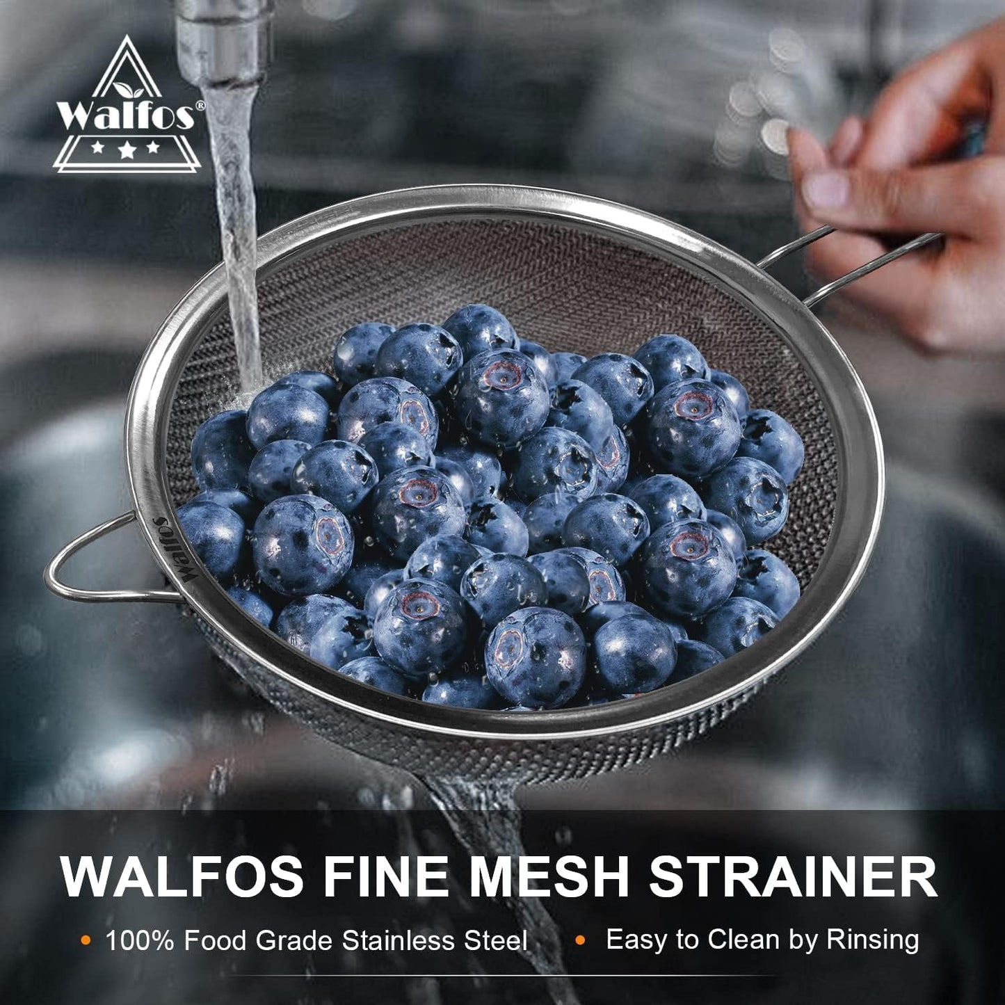 Walfos Large Fine Mesh Strainer 9.5" & 8", Stainless Steel Mesh Sieve with Sturdy Handle, Kitchen Metal Food Strainers for Quinoa, Rice, Pasta, Fruits, Vegetables, etc., Set of 2