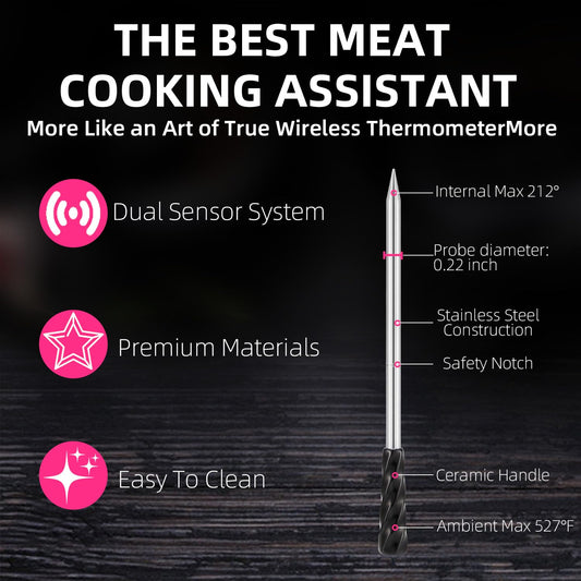 Amsau Wireless Smart Meat Thermometer with Bluetooth | Long Range | Measures Internal & Ambient Temp | for BBQ, Oven, Grill, Kitchen, Smoker, Rotisserie (Black)