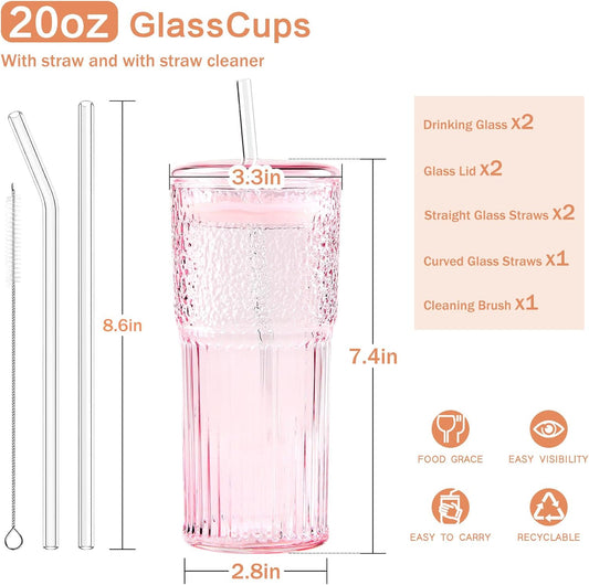 GOSCHE Glass Coffee Cups with Lids and Straws, 20oz Drinking Jar Glass Tumbler for Iced Coffee, Vintage Ripple Glassware Smoothie Cups, Pink, 2Pcs