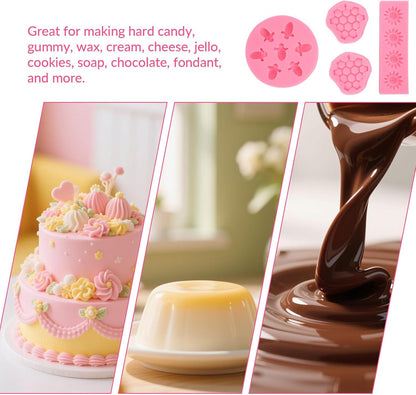 4 Pcs Bumble Bee Silicone Molds Kit with Honeycomb, Bee and Sunflower, Fondant, Chocolate, Cupcake, Cake Decorating, Candy Molds(Pink)