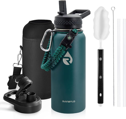 Insulated Water Bottle 32 oz, Triple Wall Vacuum Stainless Steel (Cold for 48 Hrs), Leak Proof & Non-BPA, Modern Water Flask Jug with Paracord Handle & Straw Spout Lids, Dark Green
