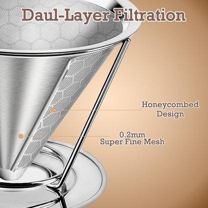 Pour Over Coffee Dripper, Paperless Pour Over Coffee Filter, Reusable Pour Over Coffee Maker Set, Dual-Layer Stainless Steel Cone Filter, Detachable Dripper Stand, Single Cup Brewer 1-4 Cup