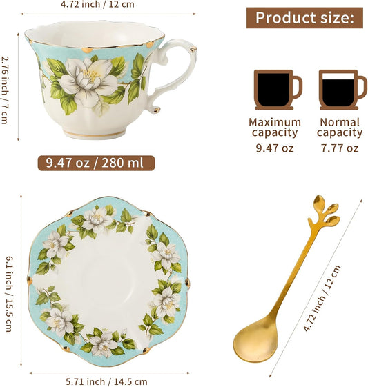 TATSUMI Country Roses Bone China Tea Cup and Saucer Set, 3 Pieces, Vintage Style, For Women and Tea Parties(Light Green, 1 set)