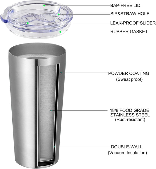 VEGOND 20oz Tumbler Bulk with Lid and Straw 6 Pack, Stainless Steel Vacuum Insulated Tumbler, Double Wall Coffee Cup Travel Mug, Stainless Steel