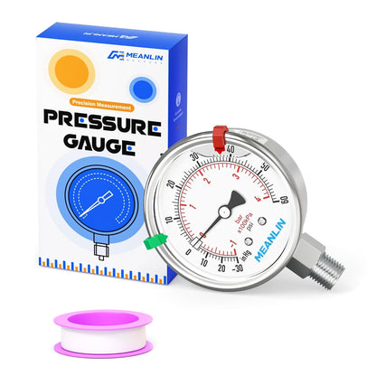MEANLIN MEASURE -30inHG~60Psi Vacuum Pressure Gauge 316 Stainless Steel Joint 1/4" NPT 2.5" FACE DIAL, Stainless Steel Liquid Filled Pressure Gauge WOG Water Oil Air Lower Mount, 2PCS Snaps