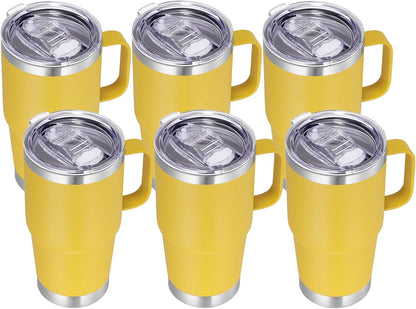 VEGOND 20 oz Tumbler Bulk with Handle Lid and Straw, Stainless Steel Insulated Travel Coffee Mug Set, Spill Proof Double Wall Metal Tumblers Cups, Yellow 6 Pack