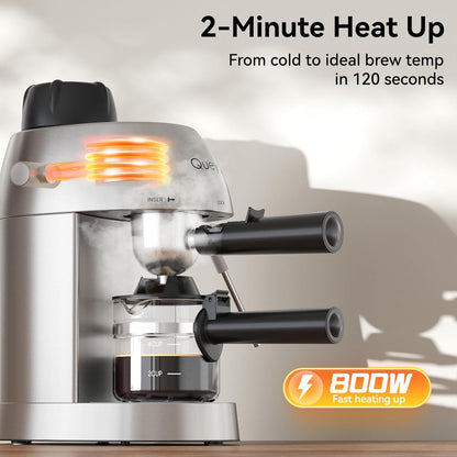 Queyd 3.5 Bar Espresso Machine,4-Cup Stainless Steel Coffee Maker with Steam Milk Frother, Compact Design Coffee Machine with Removable Drip Tray for Latte and Cappuccino, Silver