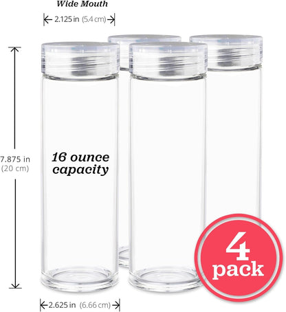 Glass Water Bottles - 4 Pack Wide Mouth Juice Bottles with Clear Lids for Juicing, Smoothies, Fruit Water, Teas, Beverage Storage - 16oz, Leakproof, Reusable, Borosilicate