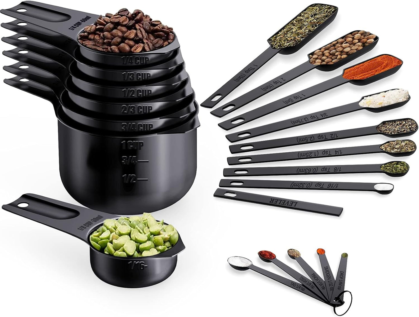 Wildone Black Measuring Cups & Spoons Set of 21 - Includes 7 Stainless Steel Nesting Measuring Cups, 8 Measuring Spoons, 1 Leveler & 5 Mini Measuring Spoons, Ideal for Dry & Liquid Ingredients