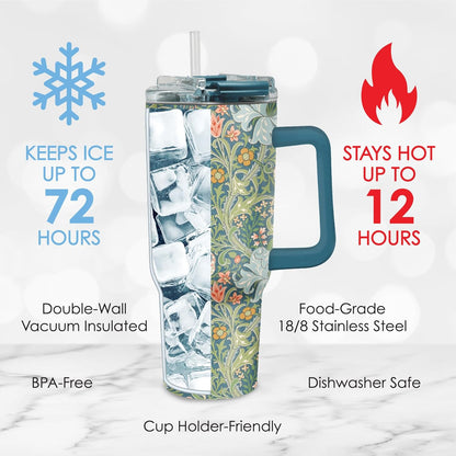 RainCaper 18/8 Stainless Steel Insulated Water Tumbler with Straw | 30oz, BPA-Free, Double Wall for Hot & Cold | Travel-Friendly, Cup Holder Ready (William Morris Morris Golden Lily)