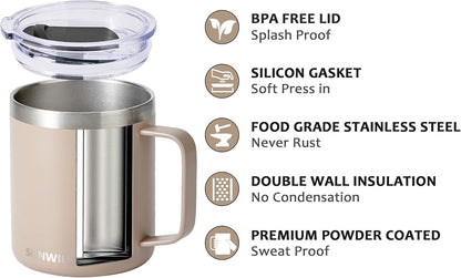 SUNWILL Travel Coffee Mug Set of 2, Insulated Tumbler with Lid, 14oz Stainless Steel Cup with Handle for Camping, Office, Home, Powder Coated Cream & Taupe