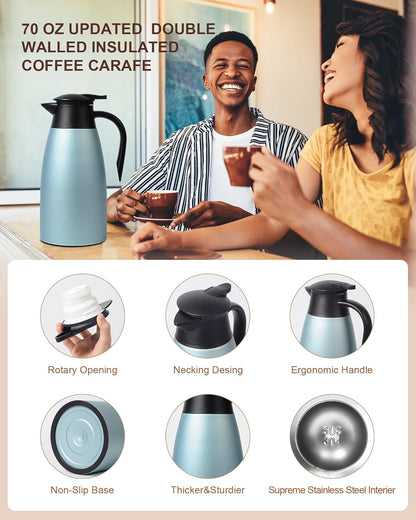 70 OZ Updated Thermal Coffee Carafe for keeping hot, 2 PCS Carafes for hot liquid, Insulated Coffee Carafe Stainless Steel Vacuum Thermal Pot for Coffee, Hot Water,Keep Hot 12 Hours (Blue+Blue)