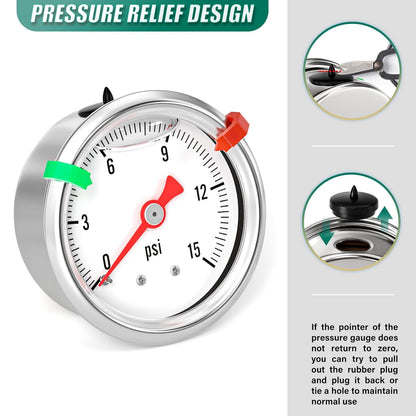 0-15psi Stainless Steel Glycerin Liquid Filled Pressure Gauge 1/8" NPT 1.5" Face Dial, Center Back Mount, for Water, Oil and Air Pressure Testing (with Range Mark Pointer)