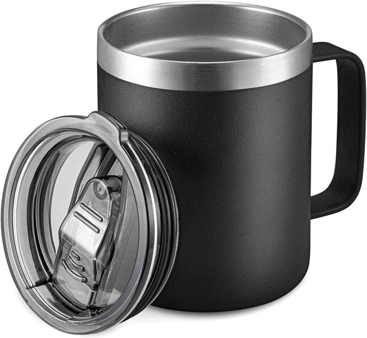 ALOUFEA 12oz Stainless Steel Insulated Coffee Mug with Handle, Double Wall Vacuum Travel Mug, Tumbler Cup with Sliding Lid, Black