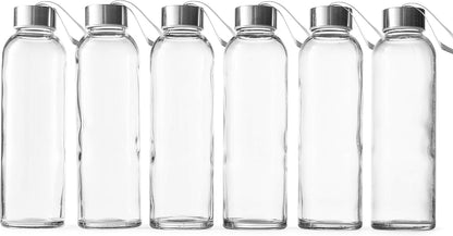 Epica glass bottles with lids – 18oz glass water bottles, reusable juice bottle with lids for storing juices, reusable water bottle durable set of 6 with Carrying Loop Caps